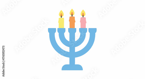 A blue menorah with three lit candles in different colors on a plain white background, symbolizing International Day of Older Persons.
