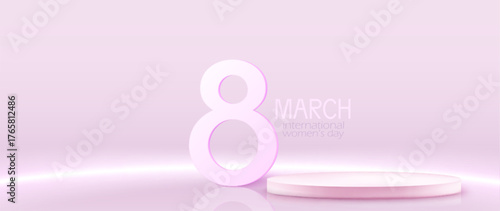 Elegant 8 march podium with 3d number and pink platform for international women day celebration display. Minimalist stage with gradient background for modern feminine product presentation design.