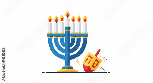 Illustration of a blue menorah with lit candles and a dreidel on a white background, symbolizing Jewish culture and tradition.