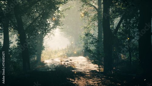 Wallpaper Mural A tranquil stream flows gently through a lush forest, with sunlight filtering through the trees. Soft glows illuminate the surroundings, creating a magical atmosphere in the serene landscape. Torontodigital.ca