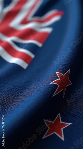 Waving New Zealand flag fabric texture with Union Jack and Southern Cross stars, vibrant blue backdrop