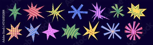 Set of textured playful stars shapes with brush texture. Scrapbook flare glare. Cutout paper stickers and scribble crayon design.