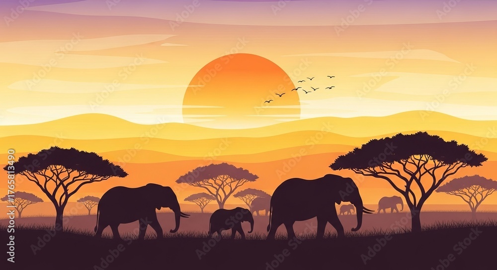 Fototapeta premium Sunset Safari with Elephants Walking Through the Savanna