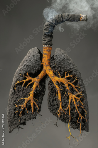 Smoky lungs image depicting smoking effects and health risks with cigarette, vertical illustration, nicotine concept