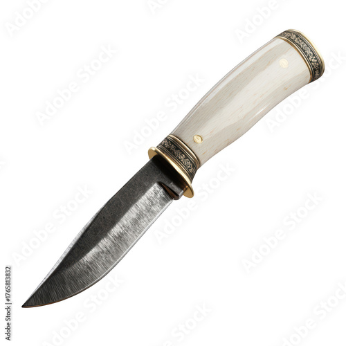 A beautifully crafted fixed-blade knife featuring a light-colored handle with ornate brass-toned details and a dark textured steel blade rests against a solid black background