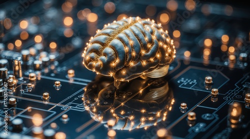 Digital brain on circuit board with glowing lights representing artificial intelligence