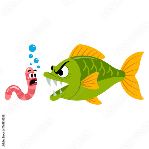 A hungry fish facing a surprised worm. The worm seems worried, while the fish looks fierce and ready to attack. The cartoonish style adds to the playful scene.
