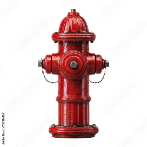 A red fire hydrant with a silver chain