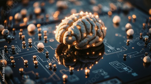 Digital brain on circuit board with glowing connections