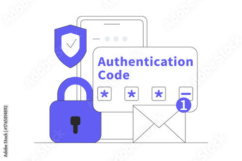 Two-step authentication. Depicts secure login process with password and verification code for online account protection and data privacy.  Flat Cartoon Vector Illustration, icon Stylish abstract web