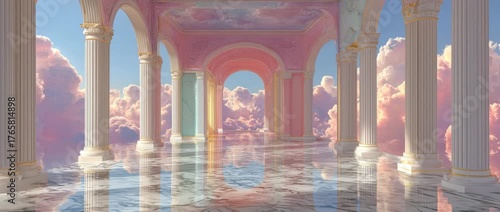 Dreamlike palace hallway surrounded by pastel clouds