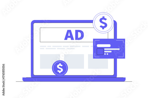 Online advertising and revenue growth. Laptop with big ad banner represents data-driven marketing. Business profit optimization, and digital lead generation strategy. Flat Cartoon Vector Illustration