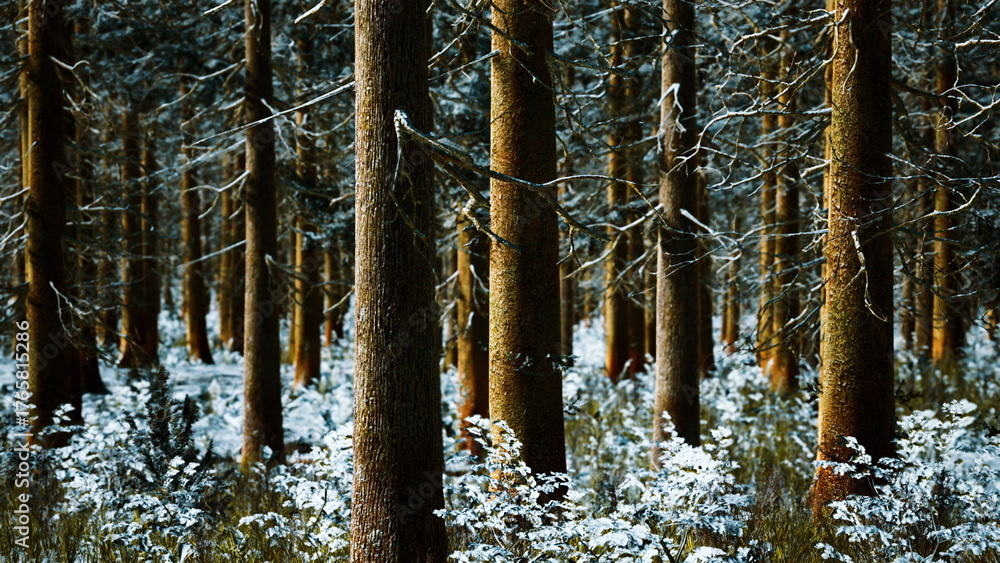 Fototapeta premium In a serene winter landscape, tall trees rise amidst soft snow that blankets the forest floor, creating a tranquil and enchanting atmosphere in a secluded woodland.