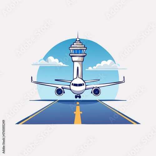 Airplane on Runway with Air Traffic Control Tower and Blue Sky.