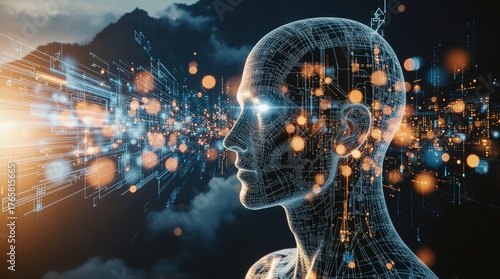 Digital human head with glowing data streams and futuristic technology