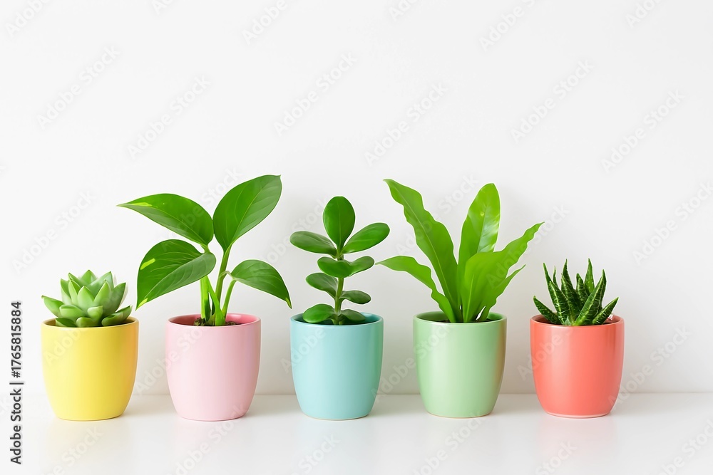 Fototapeta premium Five potted plants on a white shelf in soft light