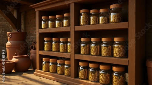 Wallpaper Mural futuristic wooden shelves filled with glass jars containing stacks of grains, Stocked for Success Groceries Ready for Cooking 3d rendering Torontodigital.ca