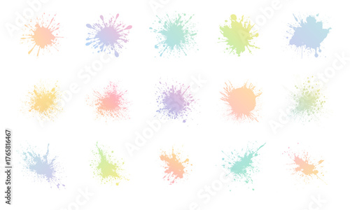 Set of colorful pastel ink splashes and paint drops, abstract watercolor blot elements, creative grunge splatter textures for modern design, artistic background, vector illustration on white