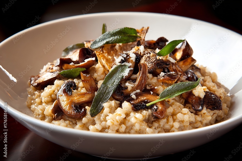 Naklejka premium Contemporary Turkish bulgur risotto wild mushrooms truffle oil and crispy sage served gourmet fine dining style professional food photo left to right