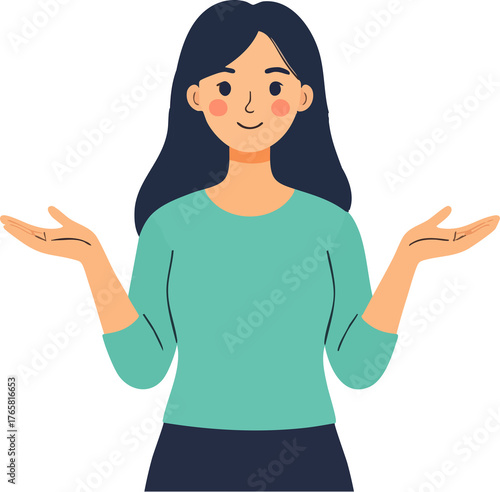 Woman shrug with open palm gesture showing uncertainty and confusion