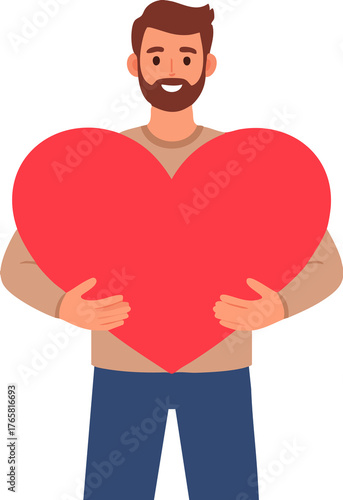 Happy man hold big heart symbol of love care and kindness