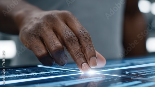 A close-up view of a hand touching a glowing digital touchscreen interface, showcasing technology and innovation in a modern setting.