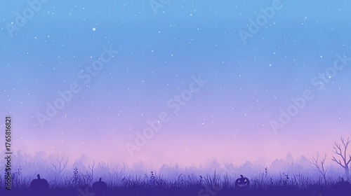 A serene twilight scene featuring silhouettes of pumpkins and grass under a starry sky. Perfect for autumn or Halloween themes.