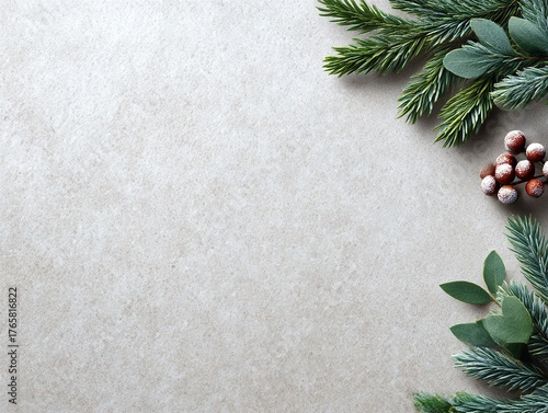 A collection of evergreen branches and frosted berries arranged on a neutral surface, ideal for holiday themes and seasonal decorations.