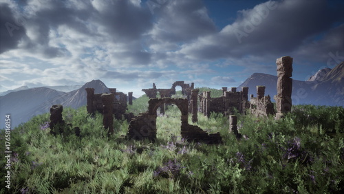 Tableau sur toile Mysterious remnants of a forgotten civilization rise from a vibrant green landscape