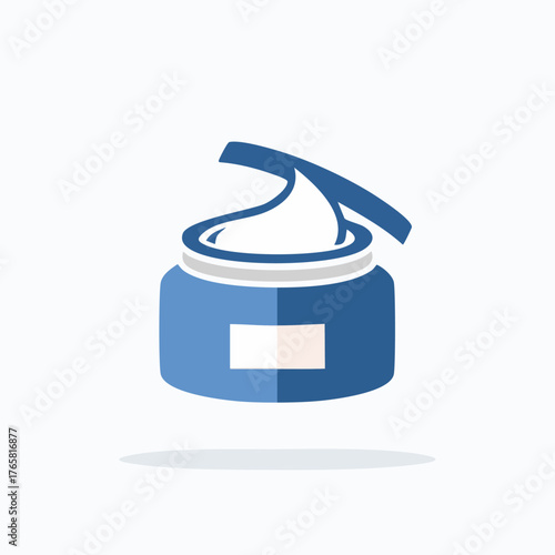 Blue cosmetic cream jar with open lid and white cream.