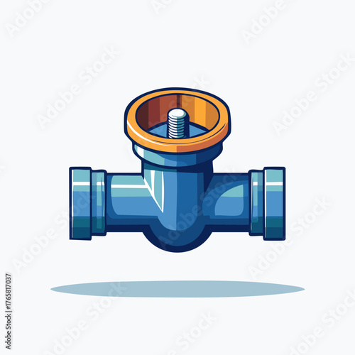 Blue Industrial Pipe Valve with Orange Accent on White Background.
