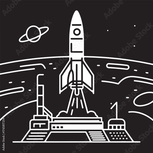 A stylized white line drawing depicts a rocket on a launchpad, with a ringed planet and stars in the background.