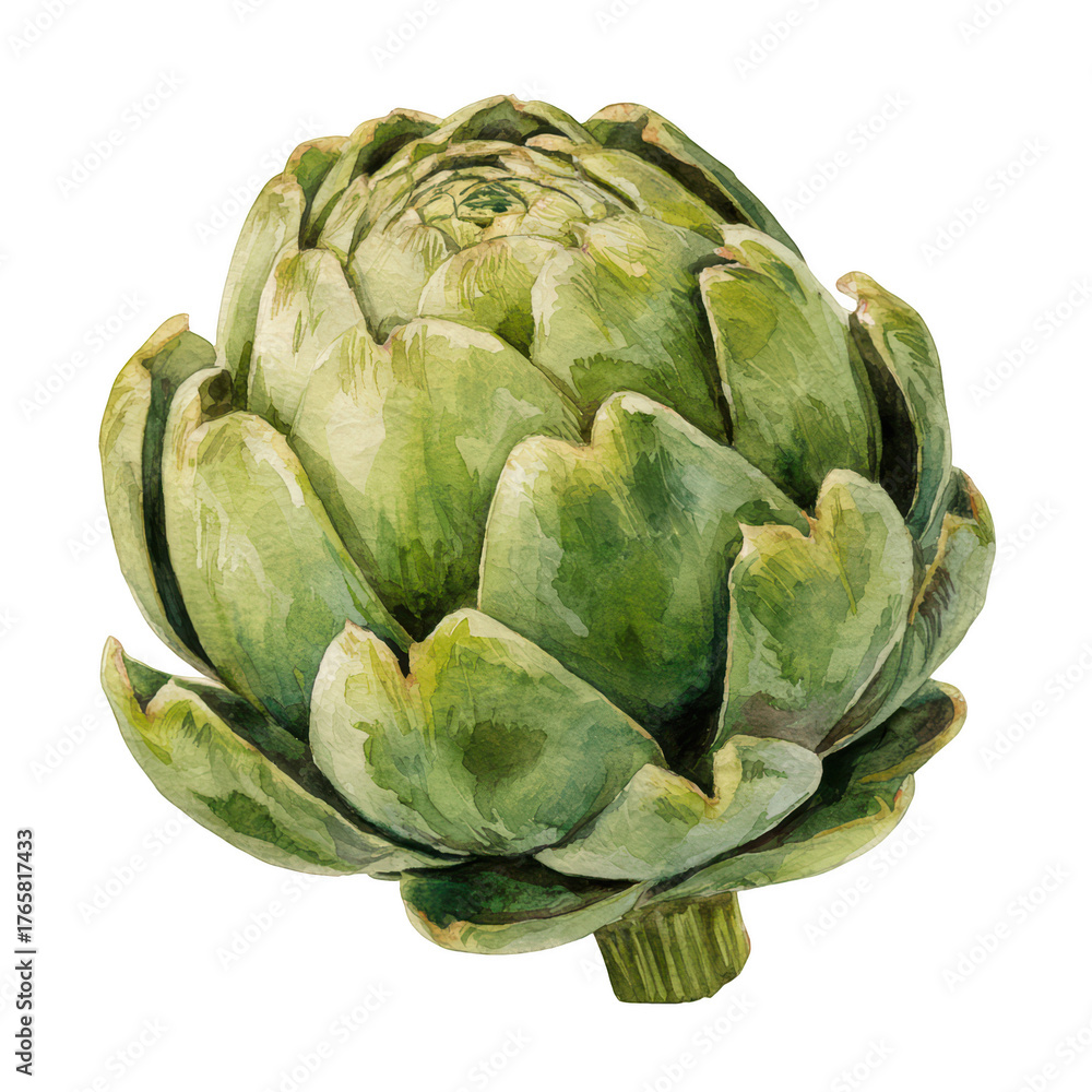 Fototapeta premium A lovely watercolor illustration of a fresh green globe artichoke isolated on a solid black background,