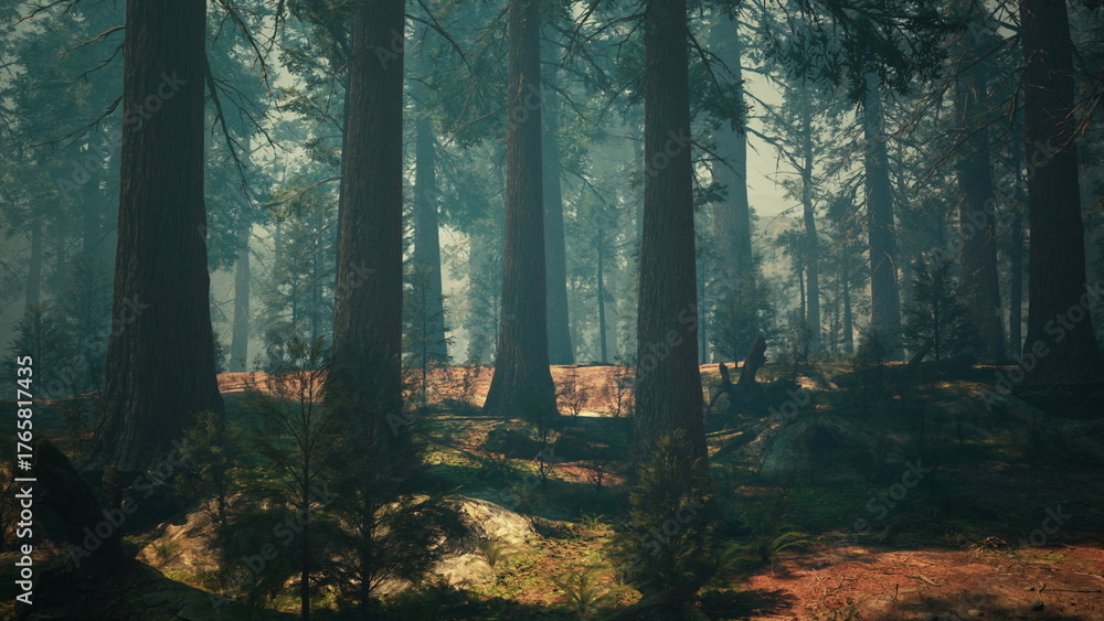 Fototapeta premium A lush forest filled with tall trees stands under soft morning light. Shadows dance on the ground, while the atmosphere feels calm and serene. Nature thrives in this magical setting.