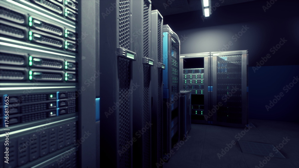 Fototapeta premium Rows of sleek servers line the walls of a cutting edge data center, illuminated by soft blue lights.