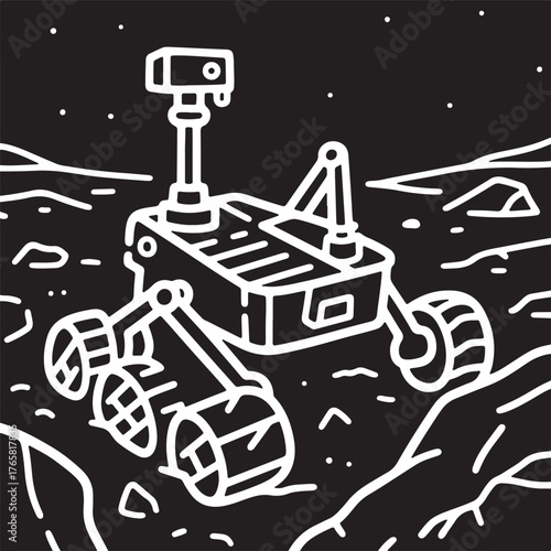 A white outline drawing of a Mars rover with six wheels, exploring a dark, rocky, and cratered alien surface under a starry sky.
