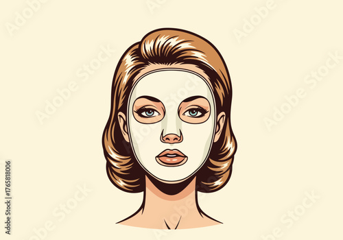 A woman with a cosmetic face mask for a beauty treatment. Pop art style graphic for skincare and spa concepts. Retro self-care design