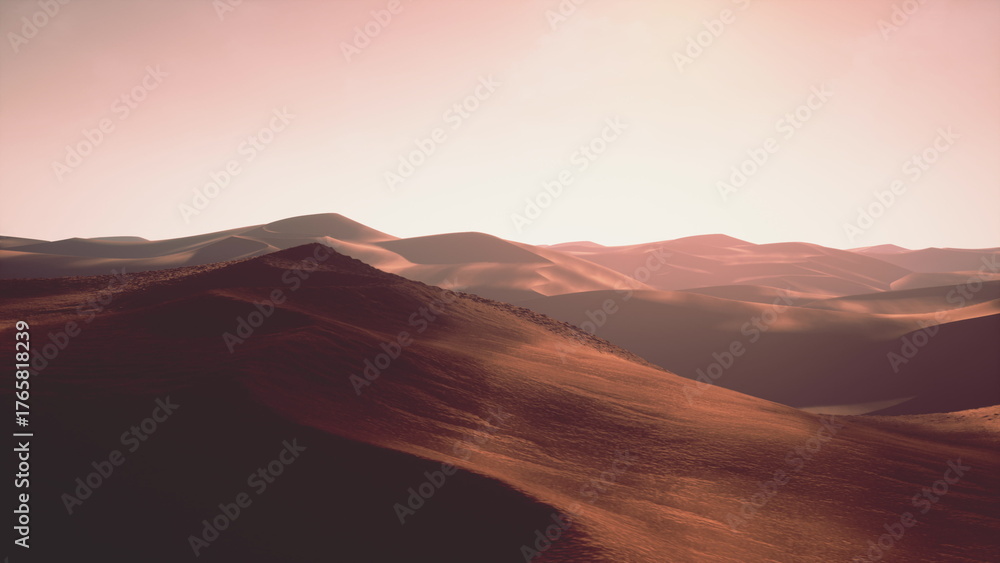 Naklejka premium Golden light bathes the vast sand dunes as the sun sets in the desert. Soft curves of the land create a tranquil scene, inviting peace and reflection in the fading daylight.