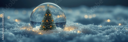 A snow globe displays a miniature Christmas tree adorned with lights, set against a blurred, wintry background. Concept of holiday magic, festive cheer, and cozy winter memories.