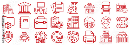 Business and Office Icon Set - Red Line Art