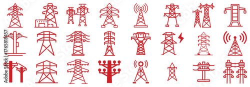Collection of Red Line Art Icons for Power Lines and Towers