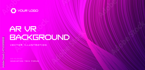 AR VR background, magenta tech waves, abstract lines, dynamic motion. For app promo, gaming, headset mockups, website headers, event banners. Immersive AR and VR visuals. Vector illustration
