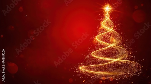 A vibrant, golden Christmas tree sparkles against a deep red background. Concept of festive cheer, holiday magic, and joyful celebration.