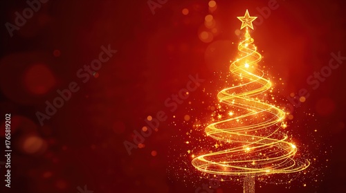 A vibrant, golden Christmas tree sparkles against a deep red background. Concept of festive cheer, holiday magic, and joyful celebration.