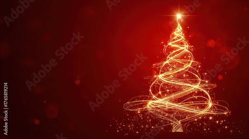 A vibrant, golden Christmas tree sparkles against a deep red background. Concept of festive cheer, holiday magic, and joyful celebration.