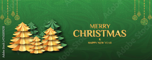Festive banner greeting Merry Christmas and Happy New Year featuring stylish paper cut Christmas trees in gold and green, Design for Banner, Header, festival sales and advertisements.