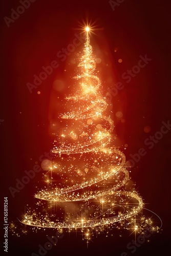 A vibrant, golden Christmas tree sparkles against a deep red background. Concept of festive cheer, holiday magic, and joyful celebration.