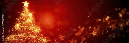 A vibrant, golden Christmas tree sparkles against a deep red background. Concept of festive cheer, holiday magic, and joyful celebration.