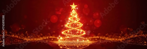 A vibrant, golden Christmas tree sparkles against a deep red background. Concept of festive cheer, holiday magic, and joyful celebration.