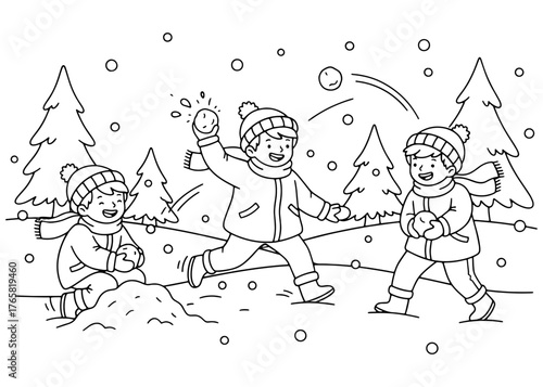 Happy children having a snowball fight in a snowy winter landscape. Black and white line art illustration for a coloring book page.